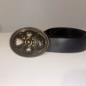 Vintage Boho Ornate Brass Oval Openwork Floral Buckle Black Leather Belt Medium